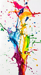 Naklejka premium Colorful splashes of paint create a vibrant and dynamic composition against a white background. The image captures the energy and movement of liquid colors in mid-air.