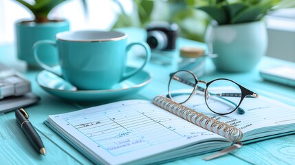 A weekly planner lies open on a teal table, a pen beside it. Glasses are resting on the planner's edge and a partially visible coffee cup sits behind them.