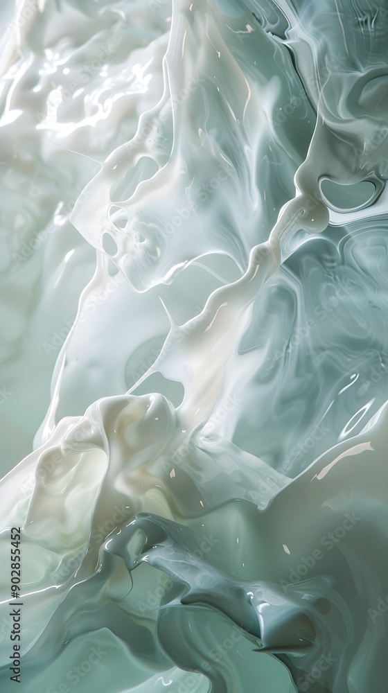 Poster translucent waves of fluid create a mesmerizing abstract pattern in soft shades of green and white, 
