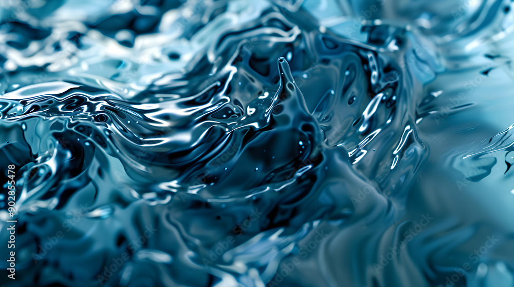 Poster flowing water creates an abstract scene with vibrant blue tones and glossy surfaces, showcasing the 