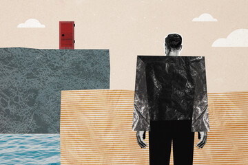 Creative collage picture young man stand overcome mental issues exit doorway psychotherapy...