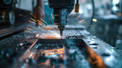 A machinist programs a CNC machine, shaping metal with precision while sparks fly from the tool in an industrial workshop setting