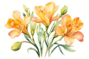 Fototapeta premium Watercolor freesias flower on white background, AI Generated