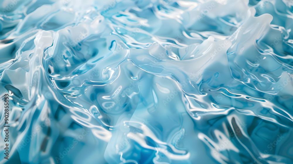 Poster glossy fluid waves move gracefully, displaying varying shades of blue. the smooth surface reflects l