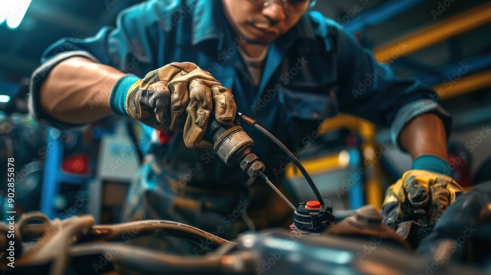 Poster a mechanic is engaged in bleeding brake lines within an auto shop, ensuring proper functionality and