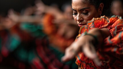 Obraz premium A focused woman in vibrant traditional costume performs a dance, her intense expression capturing dedication and cultural heritage, set against a lively backdrop.