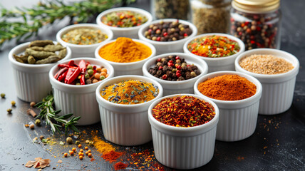 Different seasonings in cups. Spice background