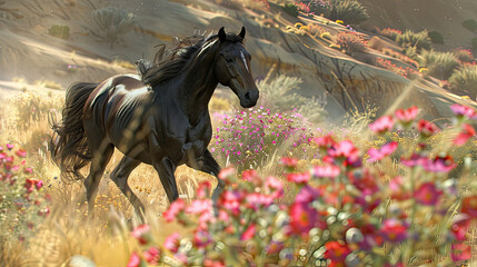 Horse Galloping Through a Desert Oasis Burst AI Generative