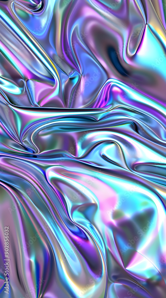 Poster colorful shimmering fabric flows in soft waves, displaying a blend of iridescent purples and blues, 