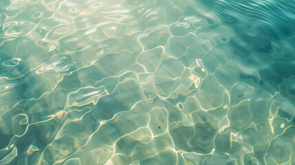Clear turquoise water shimmers under sunlight, creating a serene, beautiful pattern on the surface, emphasizing the tranquility and depth of the aquatic environment