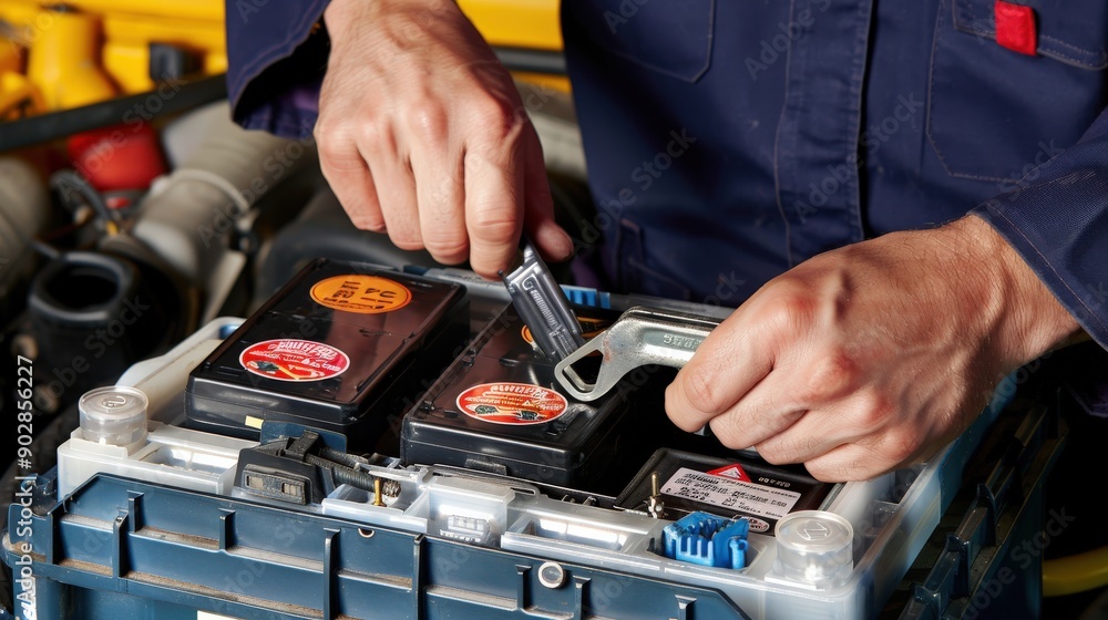 Aufkleber a mechanic is replacing a car battery, skillfully using a wrench to secure the connections in an aut
