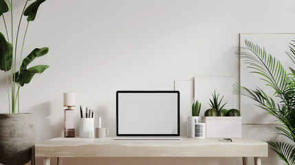 A minimalistic workspace is showcased with a laptop on a wooden desk. Decorative plants in the background create a fresh atmosphere, accompanied by a lamp and stationery.
