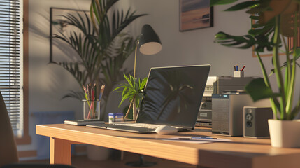 A modern workspace with a wooden desk featuring a laptop, office supplies in a glass holder, potted plants, and a lamp, creating a serene and organized atmosphere