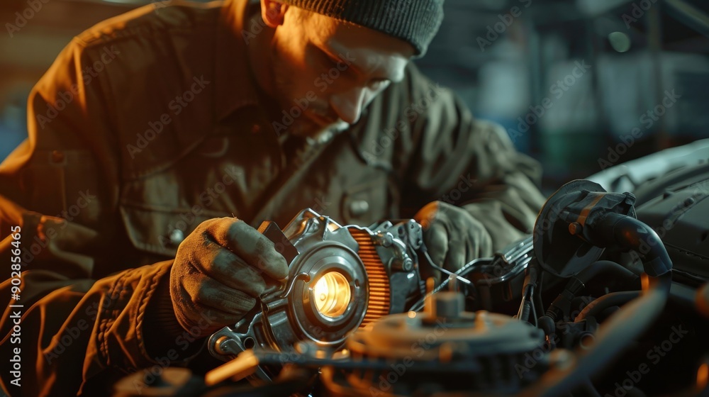 Poster a mechanic focuses on replacing a car's alternator, using various tools in a garage with low lightin