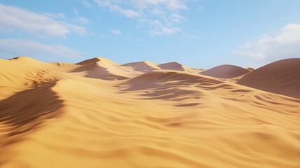 A vast desert landscape showcasing golden sand dunes, gently rolling under a clear blue sky, creating a serene and tranquil atmosphere perfect for nature lovers and adventurers
