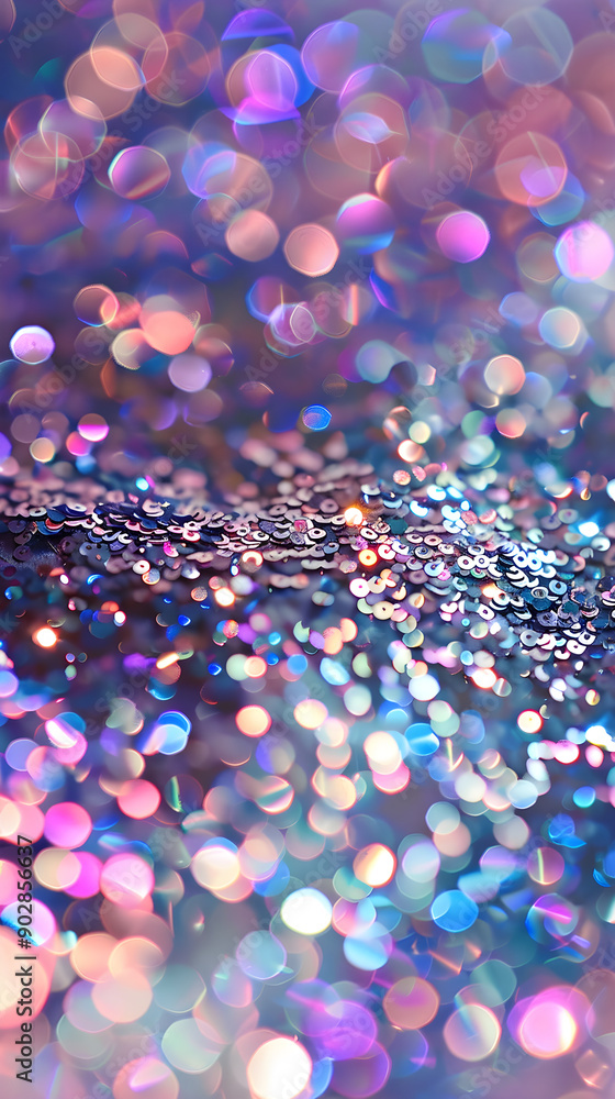 Poster colorful bokeh background features shimmering sequins, creating a dreamy and festive atmosphere with
