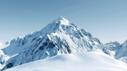 Fototapeta premium Majestic snow-covered mountain peaks rise against a clear blue sky, showcasing stunning natural beauty and rugged terrain in a winter landscape