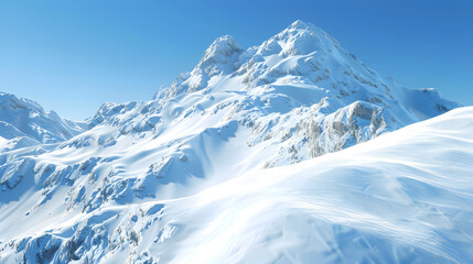 Obraz premium Majestic snow-covered mountains rise under a clear blue sky, showcasing dramatic peaks and rolling snowdrifts. The tranquil landscape evokes a sense of peace and winter beauty.