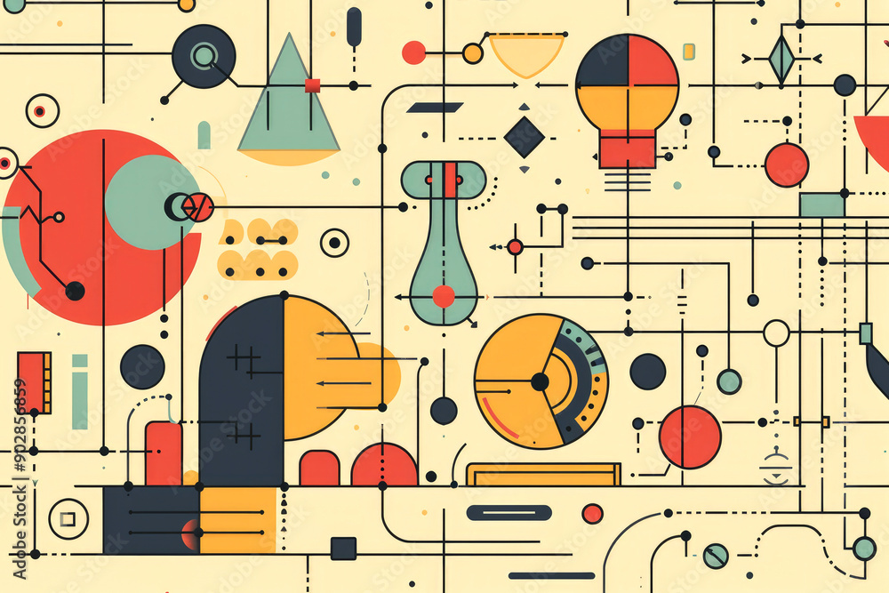 Poster a modern abstract art piece showcasing a complex network of geometric shapes and technological circu