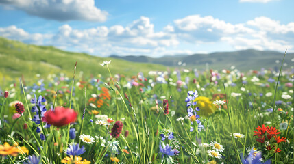 Obraz premium A vibrant meadow filled with colorful wildflowers, including red, purple, yellow, and white blooms under a bright blue sky with soft clouds and rolling green hills in the background