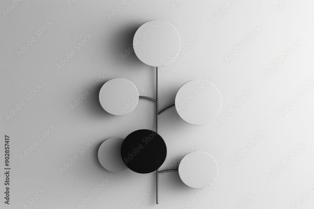 Poster this image features an abstract composition of black and white circular shapes arranged in a tree-li