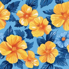 Seamless pattern with yellow hibiscus flowers on blue background.