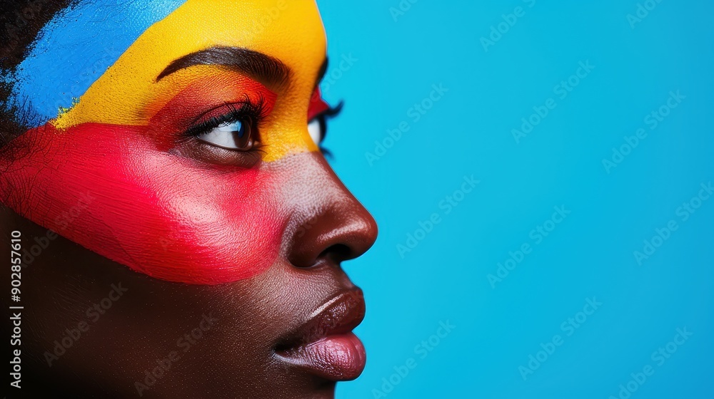 Poster a vibrant blend of abstract colors transitions seamlessly into a bright blue panel, creating a visua