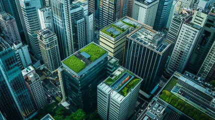 Obraz premium a view of a green roof in the middle of a busy city landscape