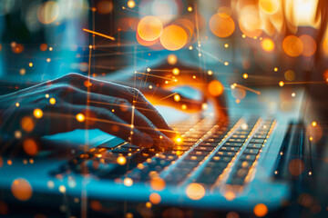 A person's hands are typing on a keyboard with glowing abstract lights overlay, symbolizing digital creativity and technology in an artistic style.