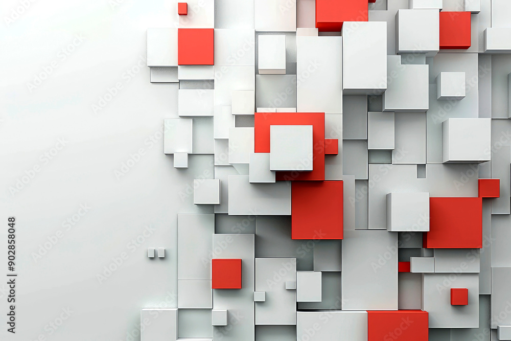 Poster this image features white and gray cubic shapes with red accents on a light background, representing