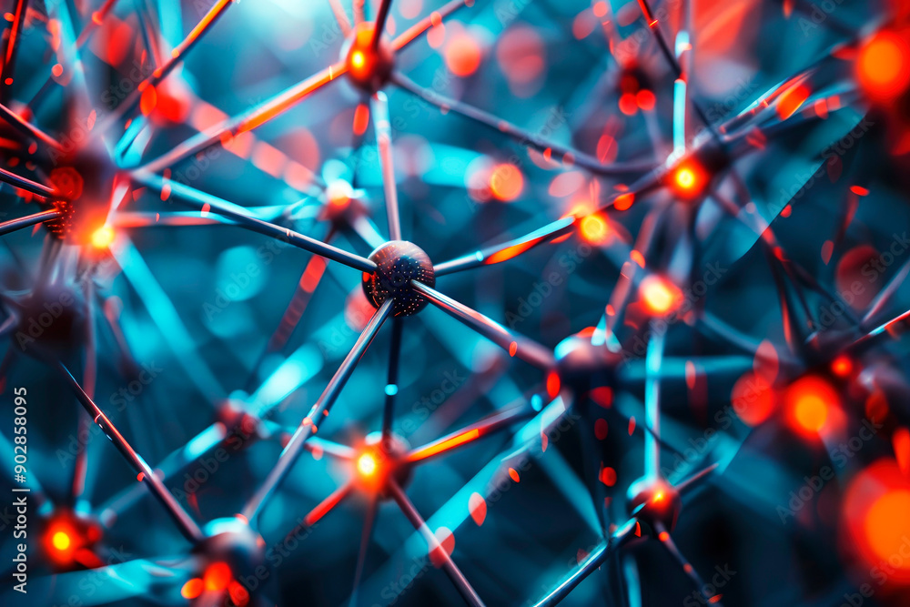 Poster an intricate design of neural network connections highlighted with blue and orange lighting, symboli