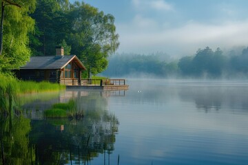 Fototapeta premium Serene Early Morning at a Lakeside Cottage Amidst Misty Reflections
