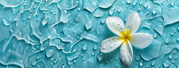 Plumeria flower on a turquoise blue water surface with a banner in the style of copy space, representing a spa and wellness concept. White frangipani amid tropical raindrops, Generative AI