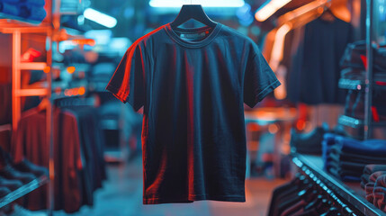 Obraz premium A black T-shirt elegantly hangs on a hanger in a modern neon-lit clothing store, creating a stylish and contemporary fashion display.