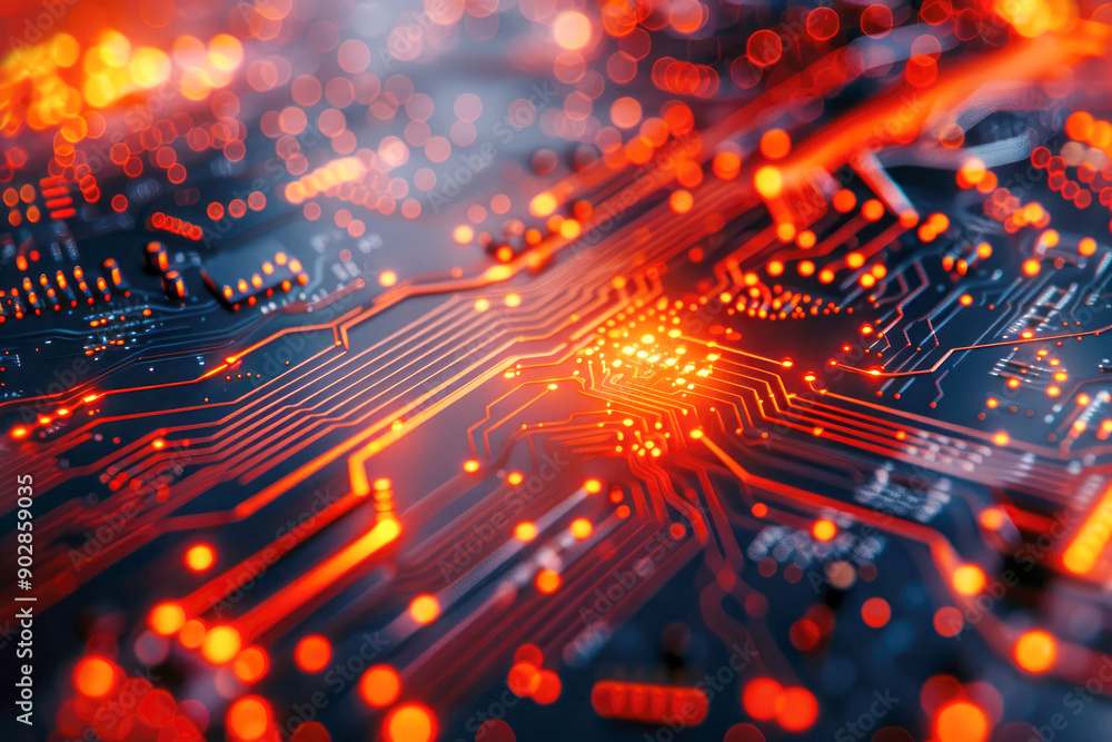 Aufkleber an illuminated close-up of an electronic circuit board, focusing on bright, glowing pathways and com