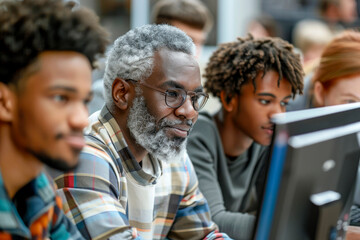 Obraz premium An older man with gray hair and glasses sits in a classroom setting among students, all focused on computer screens, depicting a learning environment.