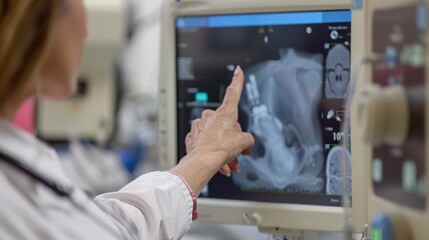 Obraz premium Unrecognizable female ultrasound technician pointing at the monitor screen during a medical ultrasound examination, emphasizing the importance of prenatal care and diagnostic imaging in healthcare