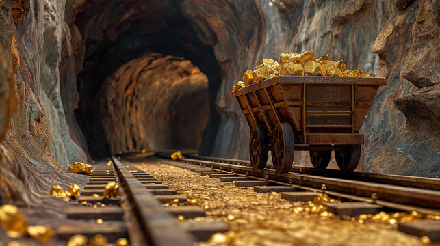 A gold mine tunnel with a mining cart on rails filled with shiny, glossy gold nuggets. refining of gold, prospecting concepts.