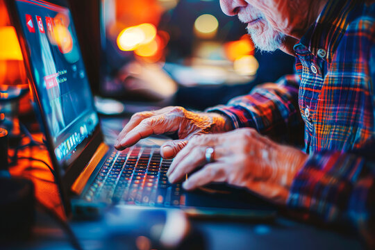 An elderly man with a plaid shirt is intensely typing on a laptop, illuminated by the warm glow of surrounding lights, representing dedication.