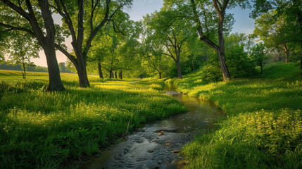Fototapeta premium Lush Green Meadow with a Babbling Brook Winding Through a Serene Landscape AI Generative
