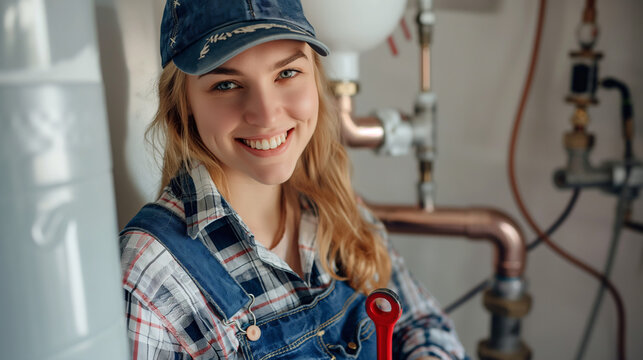 A smiling female plumber woman fixing an issue in central heating system or boiler in a home, holding red wrench. Female heating engineer, handywoman, apprenticeship, trainee concepts.