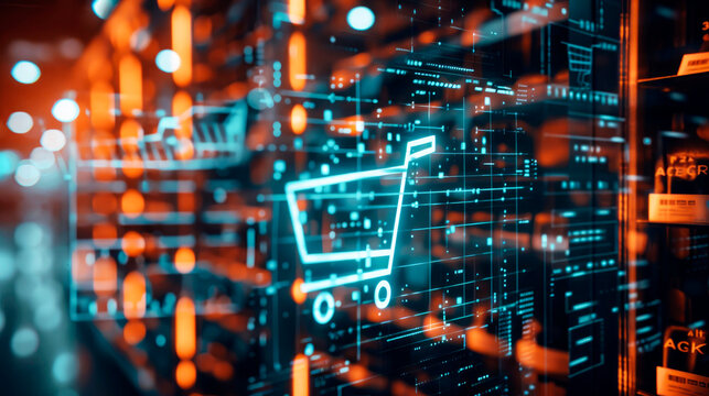 A glowing digital shopping cart icon in a futuristic, high-tech environment symbolizing the online retail and ecommerce industry with data interfaces.