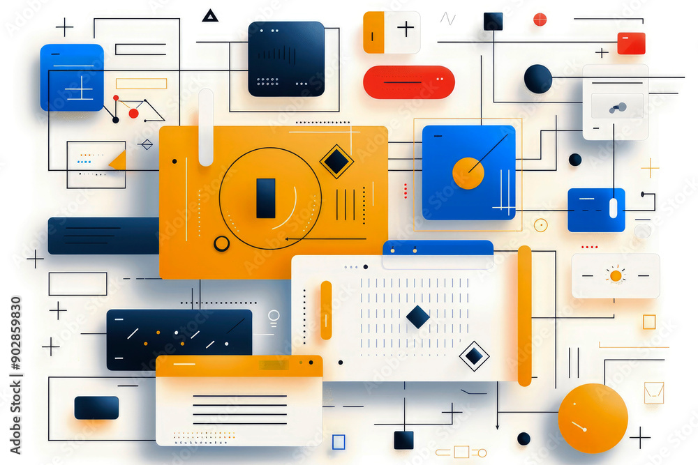 Poster This image features a dynamic abstract geometric design with various shapes and colors, representing modern digital art and concepts.