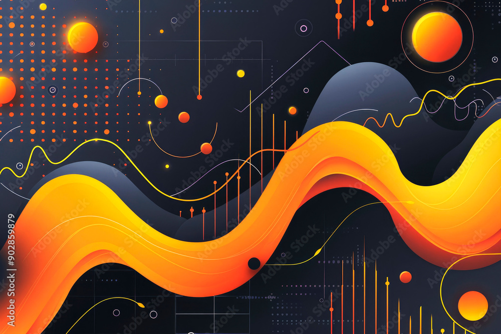 Poster this image depicts an abstract scene with bright waves and dots on a dark background, embodying ener