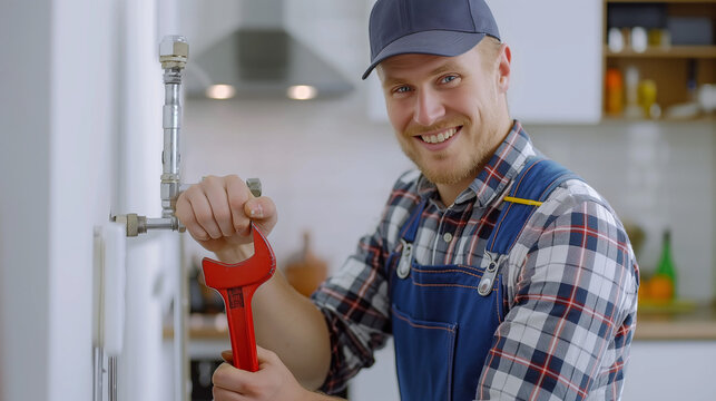 A smiling professional plumber man in blue overalls and cap fixing a water sink pipe in a kitchen or bathroom. Fix leaking sink, checking gauges, industrial plumbing, handyman concepts.