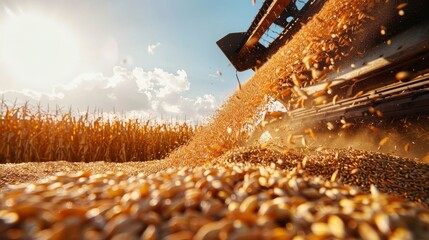 Autumn harvest  combining grain on a sunny day, loading truck with freshly harvested crops
