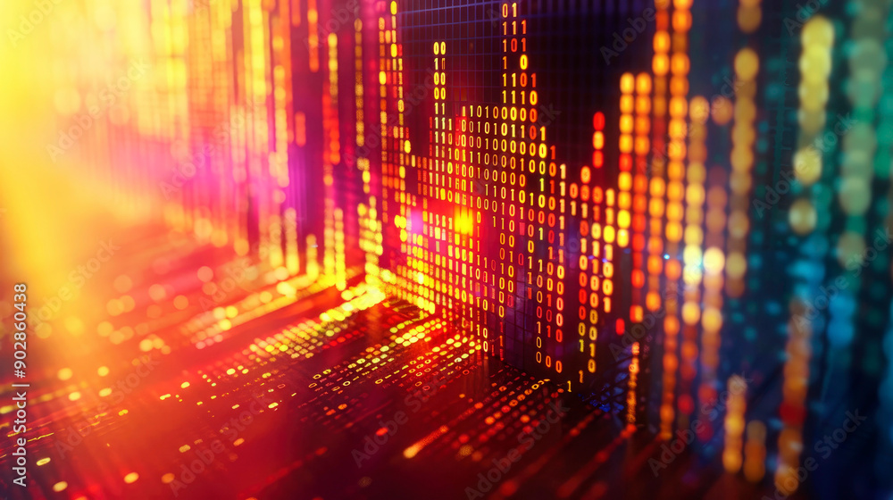 Poster abstract presentation of binary code with vibrant digital lights, representing technology, data flow