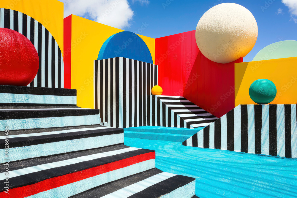 Poster vibrant abstract art displaying various geometric shapes and bold colors, creating a visually dynami
