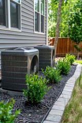 Fototapeta premium Two air conditioners are on a brick walkway next to some bushes. The bushes are trimmed and well-maintained