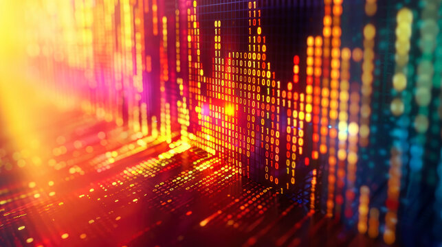 Abstract presentation of binary code with vibrant digital lights, representing technology, data flow, and the futuristic aspects of cyber space.